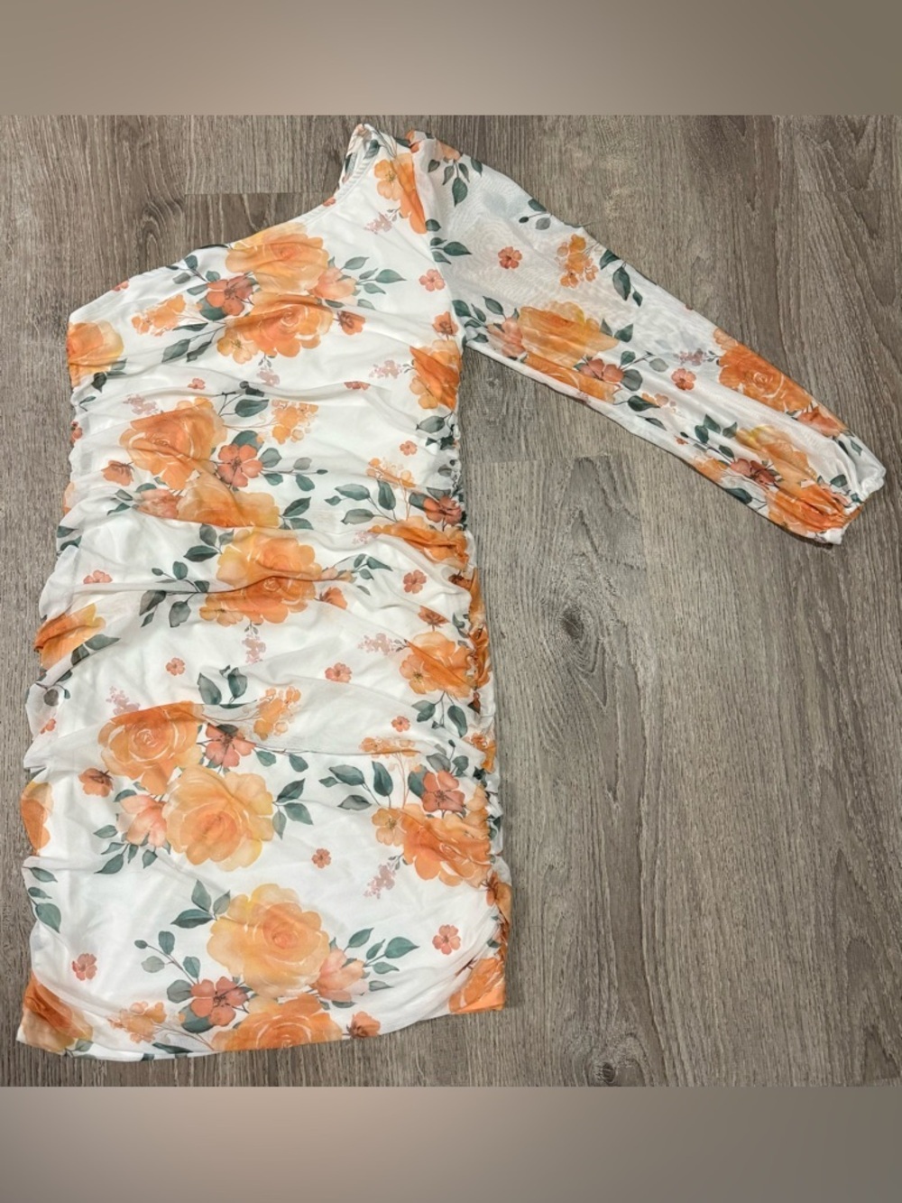 One Shoulder Floral Maternity Dress | Ruched Bodycon Mini (Size L) - Picture 5 of 5